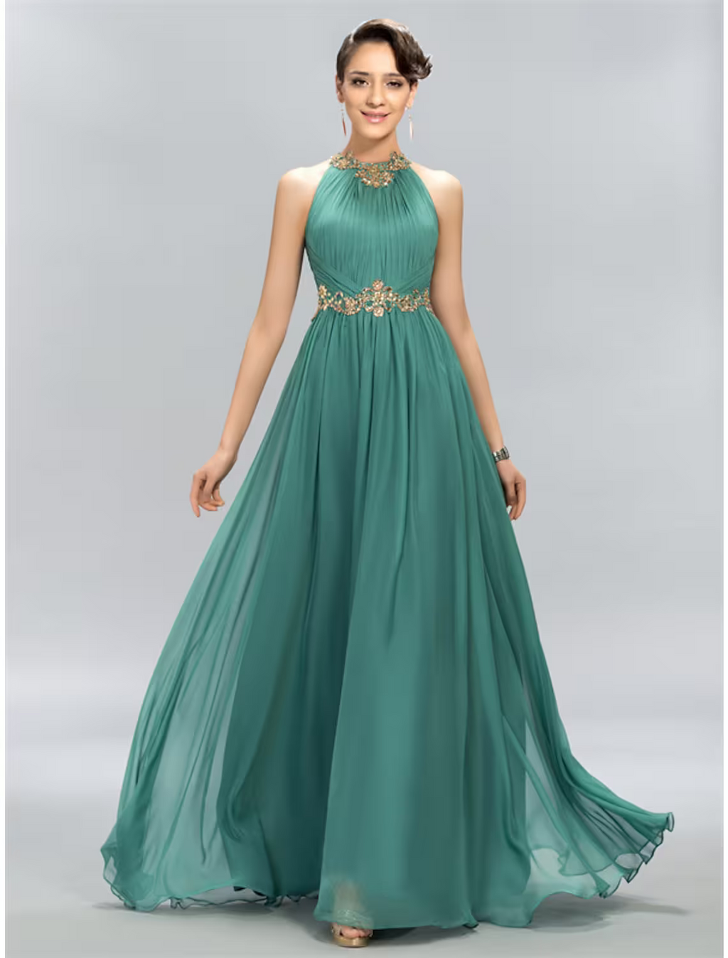Wedding Guest Dresses Maxi Dress Party Wear Floor Length Sleeveless Halter with Ruched Appliques