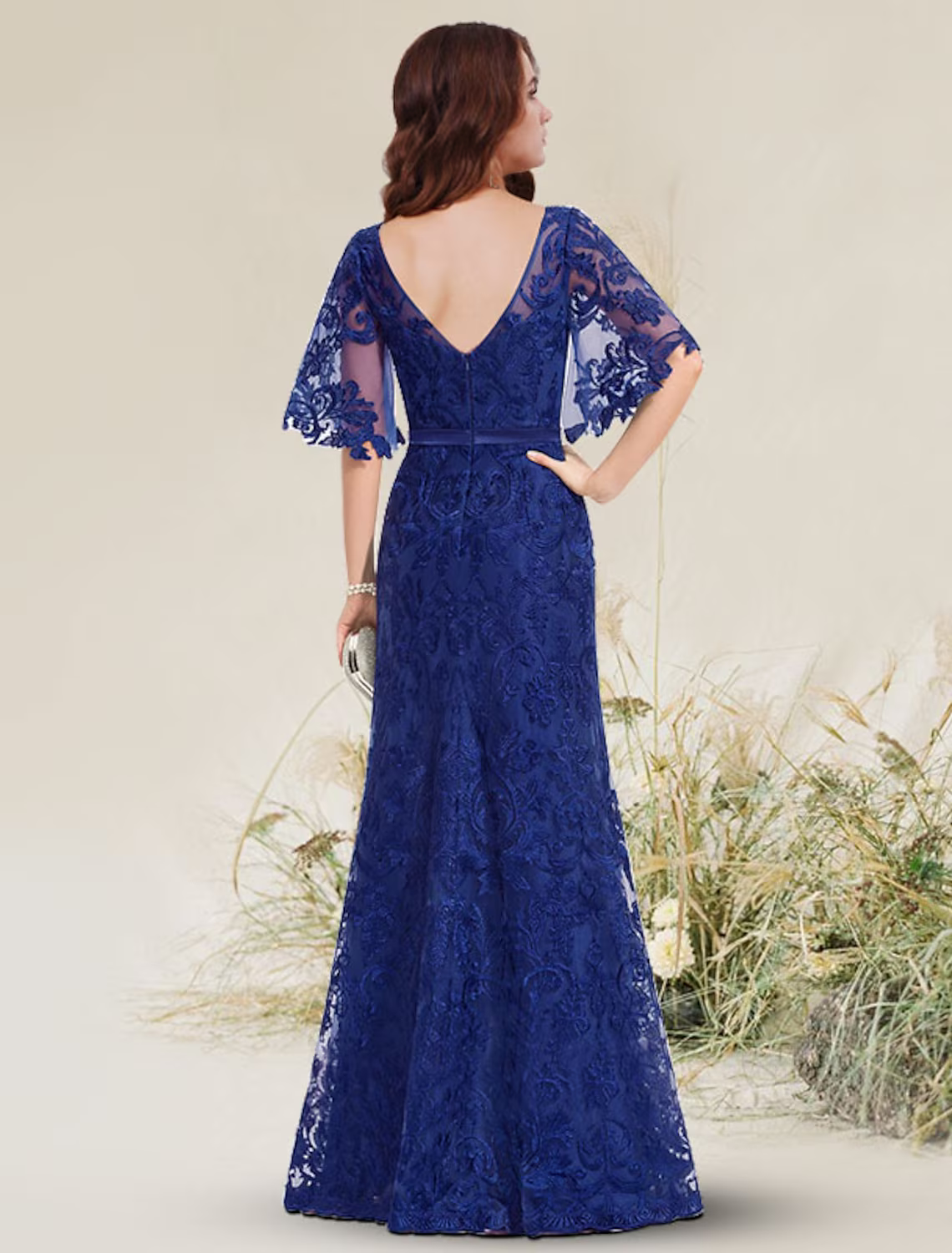 Evening Gown Elegant Dress Engagement Floor Length Short Sleeve Jewel Neck