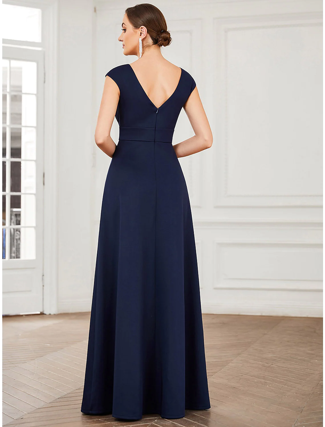 Evening Gown Elegant Dress Formal Floor Length Sleeveless V Neck V Back with Draping Slit