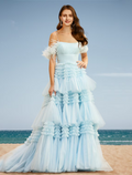 Tiered Dress Wedding Party Court Train Sleeveless Off Shoulder with Slit