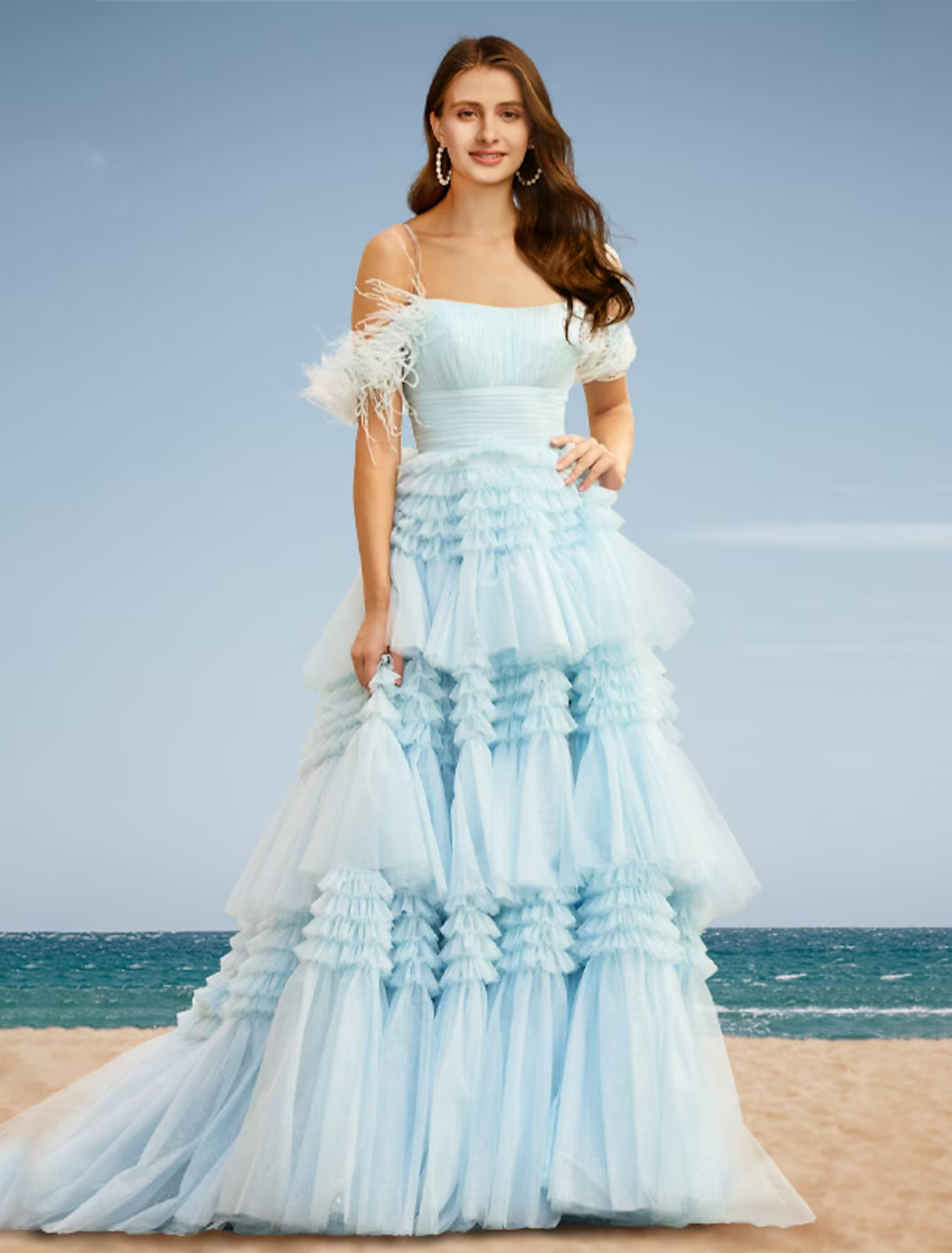 Tiered Dress Wedding Party Court Train Sleeveless Off Shoulder with Slit