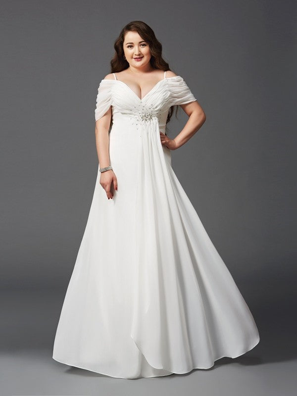 A-Line/Princess Off-the-Shoulder Ruched Short Sleeves Long Plus Size Dresses