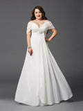 A-Line/Princess Off-the-Shoulder Ruched Short Sleeves Long Plus Size Dresses