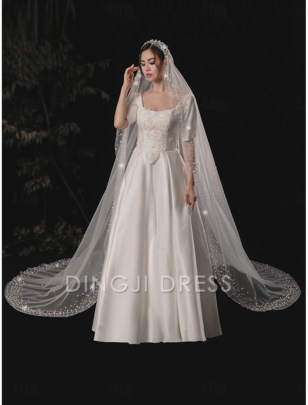 Ding Ji One-tier Comtemporary Stylish Wedding Veil Cathedral Veils with Faux Pearl Youthful Charming Hot Sale Veil