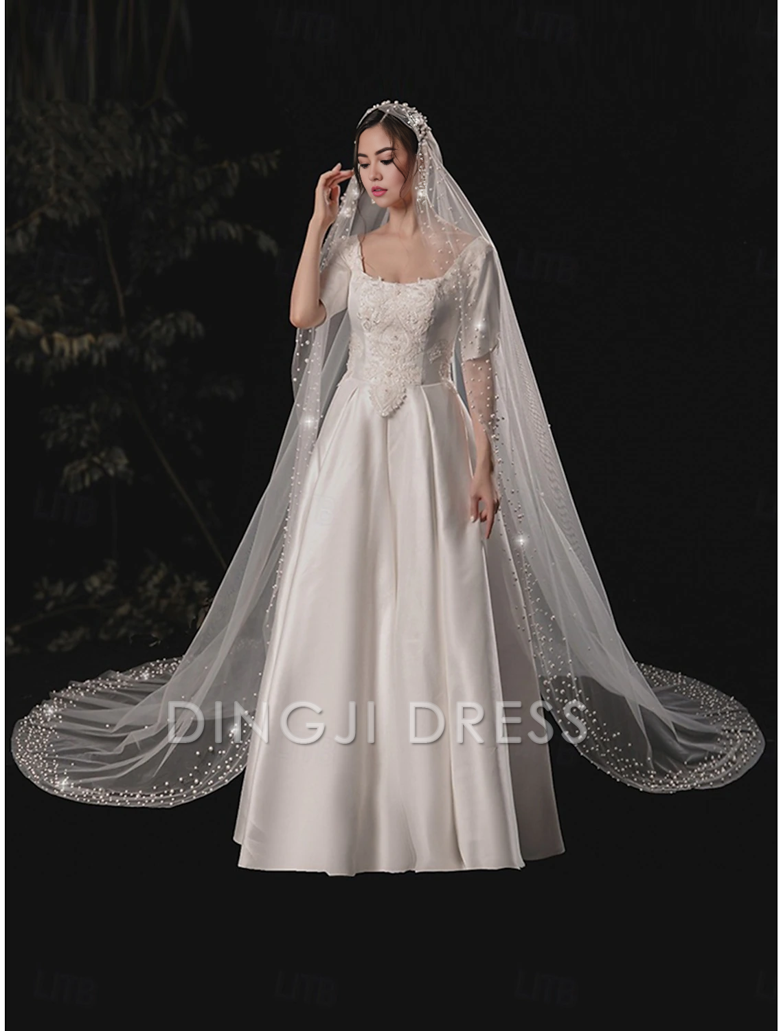 Ding Ji One-tier Comtemporary Stylish Wedding Veil Cathedral Veils with Faux Pearl Youthful Charming Hot Sale Veil