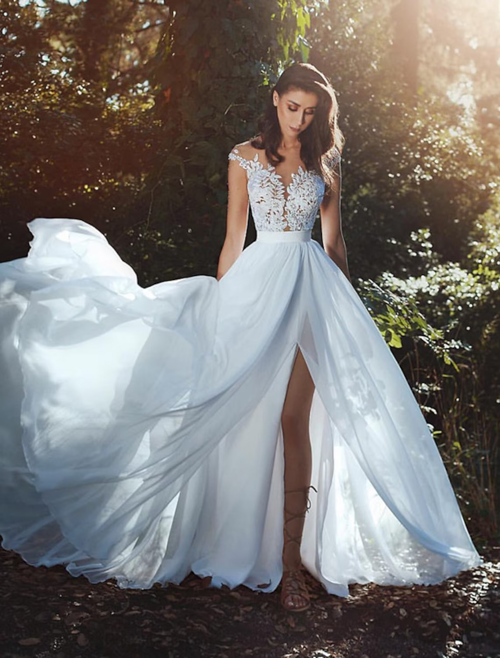 Beach Open Back Wedding Dresses A-Line Cap Sleeve Jewel Neck With Pleats Split Front
