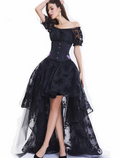 Vintage Dress Asymmetrical Short Sleeve Off Shoulder with Embroidery Appliques