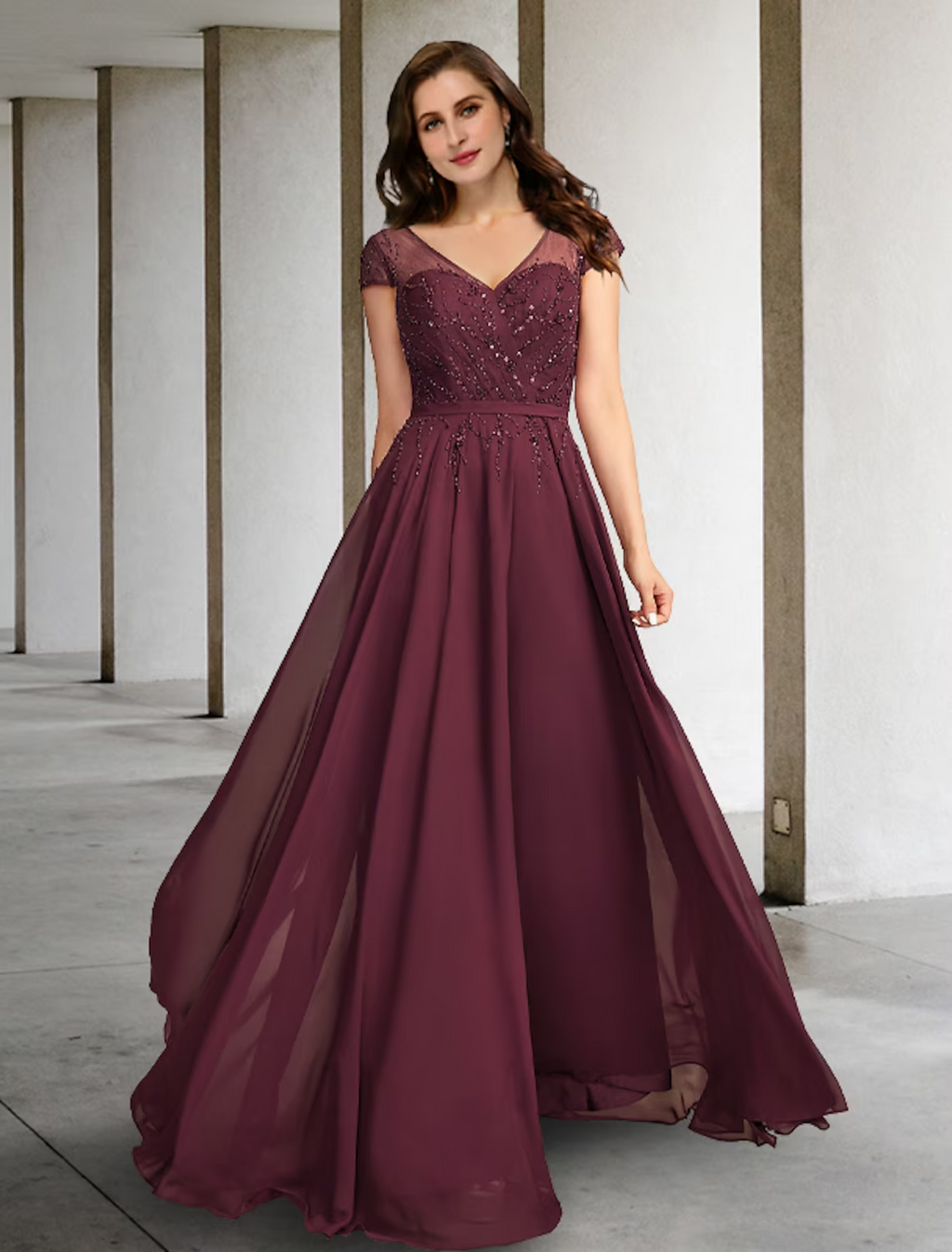 Plus Size Curve Mother of the Bride Dresses Elegant Dress Formal Floor Length Short Sleeve V Neck with Pleats Beading
