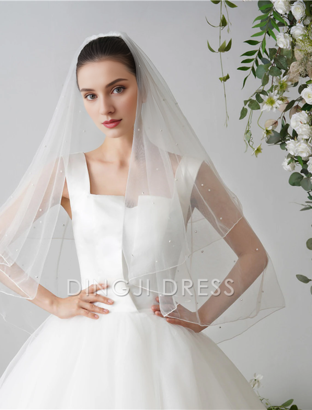 DingJi High Quality Two-tier Pearls Wedding Veil Fingertip Veils Faux Pearl 84.65 in (215cm) Hot Sale Veil