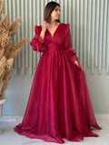 A-Line/Princess Ruched V-neck Long Sleeves Sweep/Brush Train Dresses