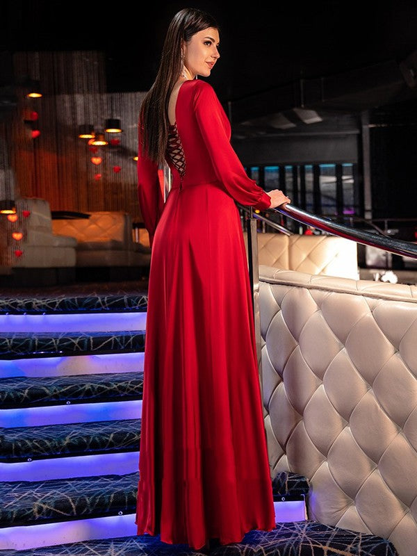 A-Line/Princess Ruffles V-neck Long Sleeves Floor-Length Dresses