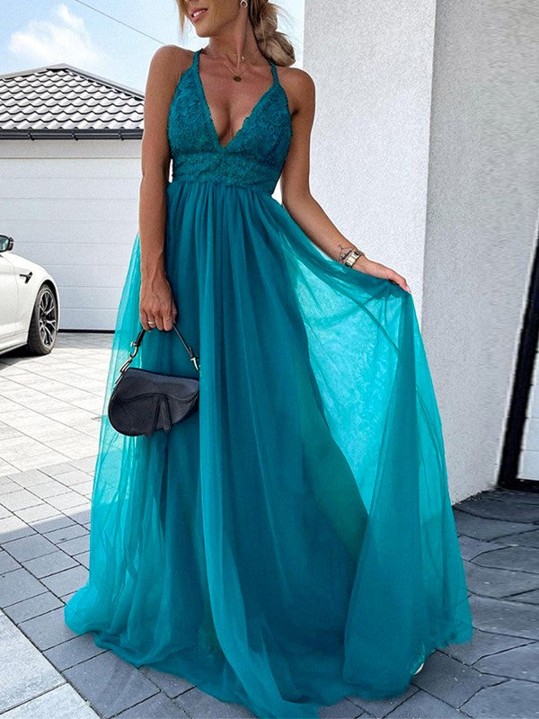 A-Line/Princess Applique V-neck Sleeveless Sweep/Brush Train Dresses