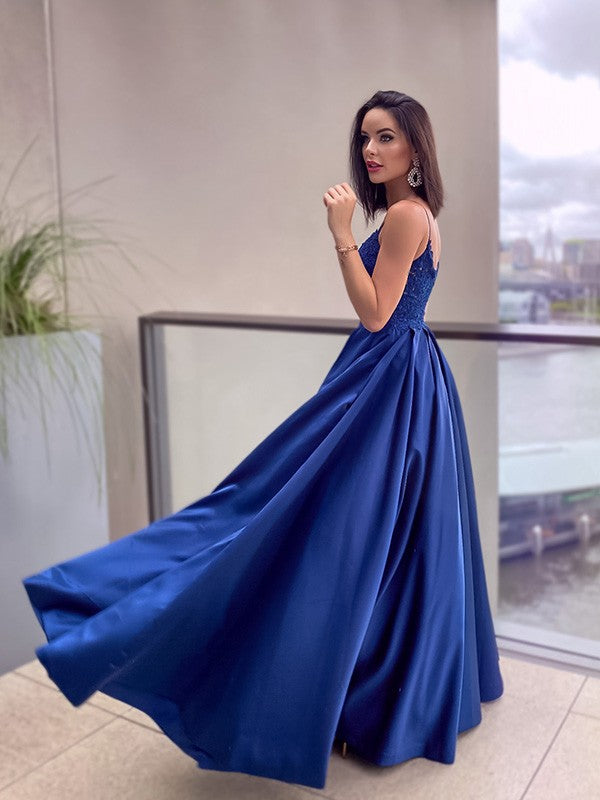 A-Line/Princess Applique Spaghetti Straps Sleeveless Floor-Length Dresses