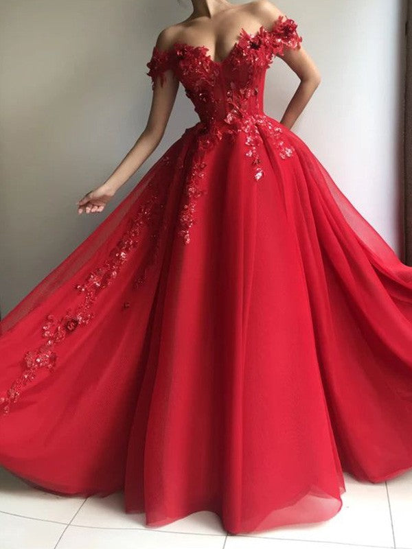 A-Line/Princess Off-the-Shoulder Sleeveless Applique Floor Length Dresses
