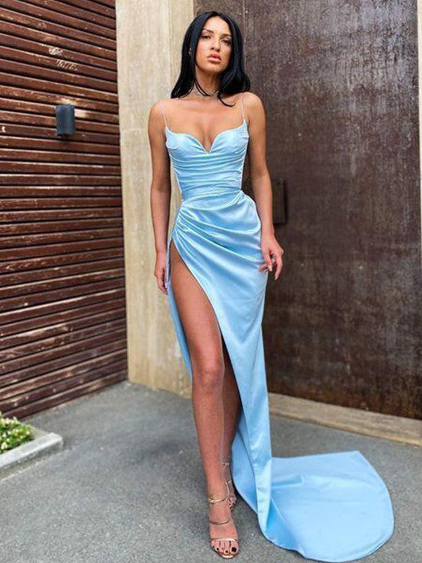 Sheath/Column Spaghetti Straps Sleeveless Ruched Sweep/Brush Train Dresses