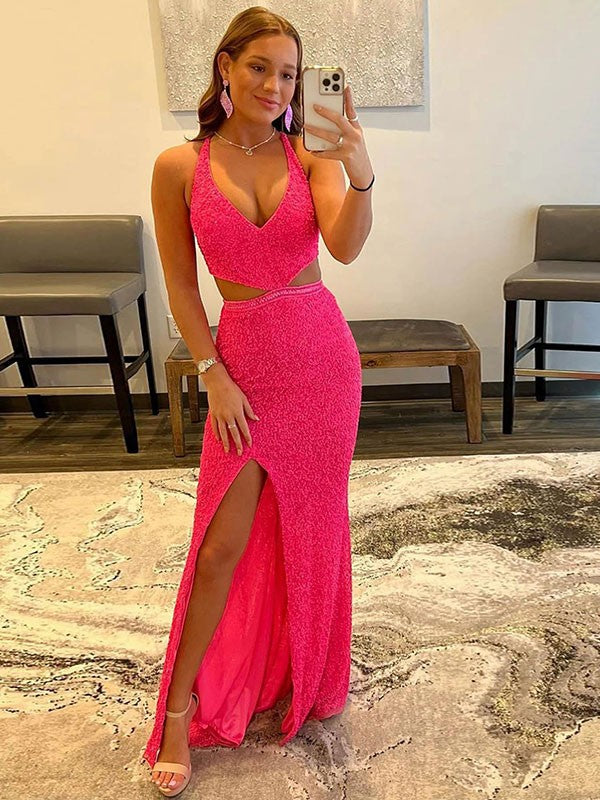 Sheath/Column Sequins V-neck Sleeveless Sweep/Brush Train Dresses