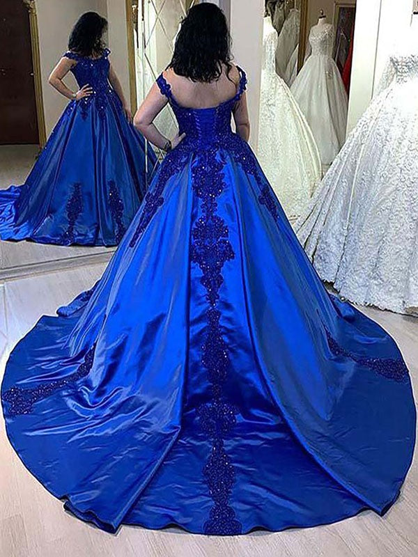 Ball Gown Applique Straps Sleeveless Court Train Dresses