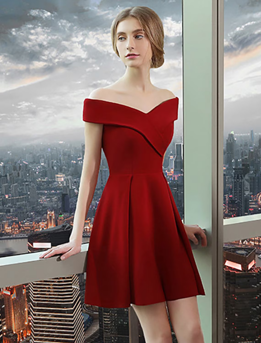 Vintage Party Wear Cocktail Party Dress Off Shoulder Short Sleeve Knee Length Spandex with Sleek