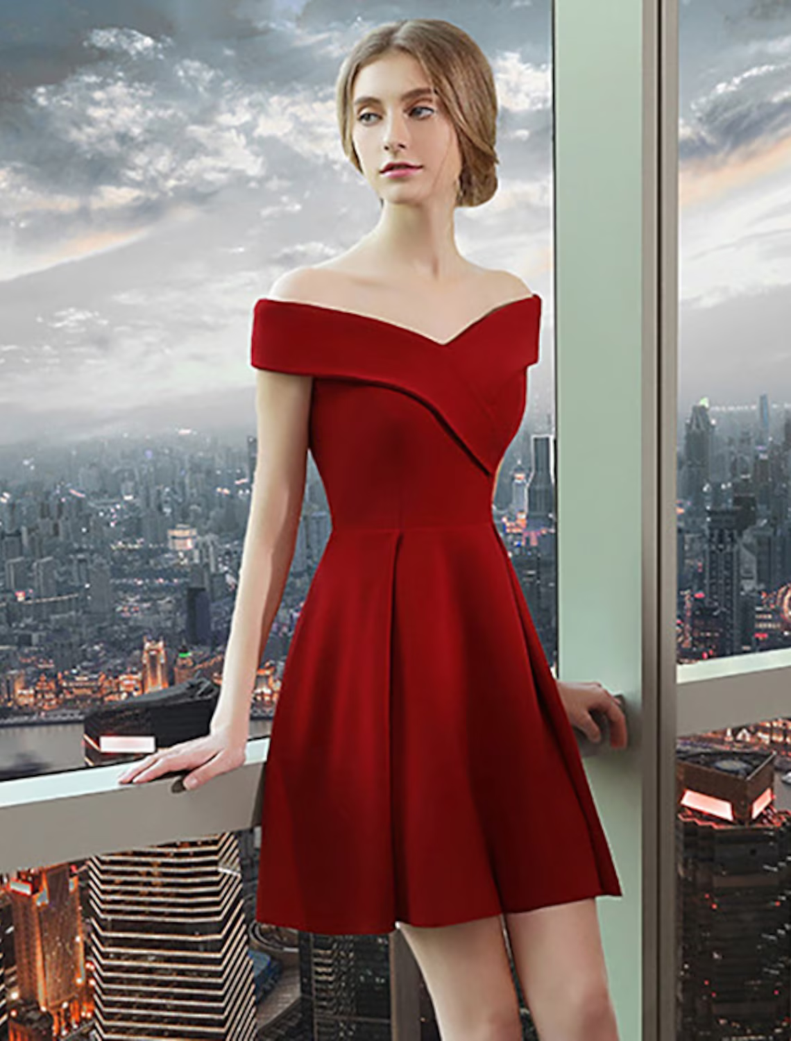 Vintage Party Wear Cocktail Party Dress Off Shoulder Short Sleeve Knee Length Spandex with Sleek