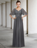 Mother of the Bride Dress Elegant V Neck Floor Length Half Sleeve with Pleats Appliques
