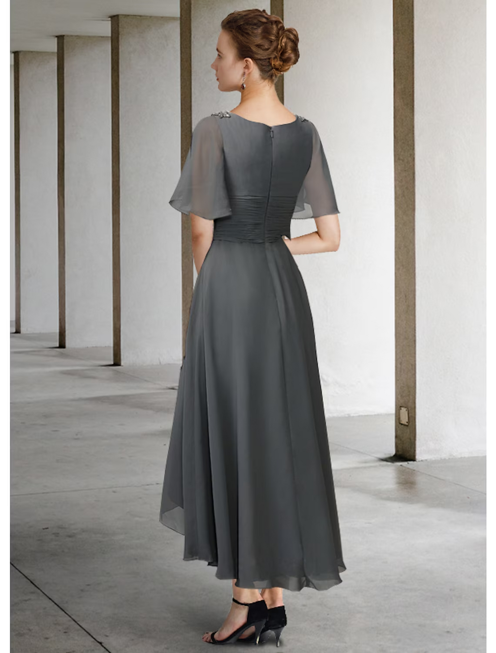 Mother of the Bride Dress Elegant High Low V Neck Asymmetrical Short Sleeve with Pleats Ruching