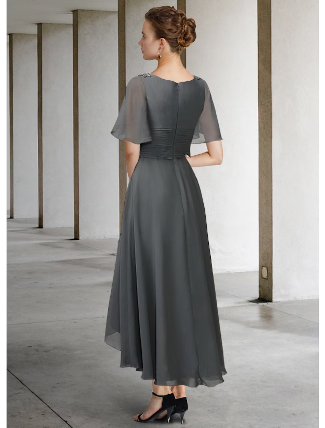 Mother of the Bride Dress Elegant High Low V Neck Asymmetrical Short Sleeve with Pleats Ruching