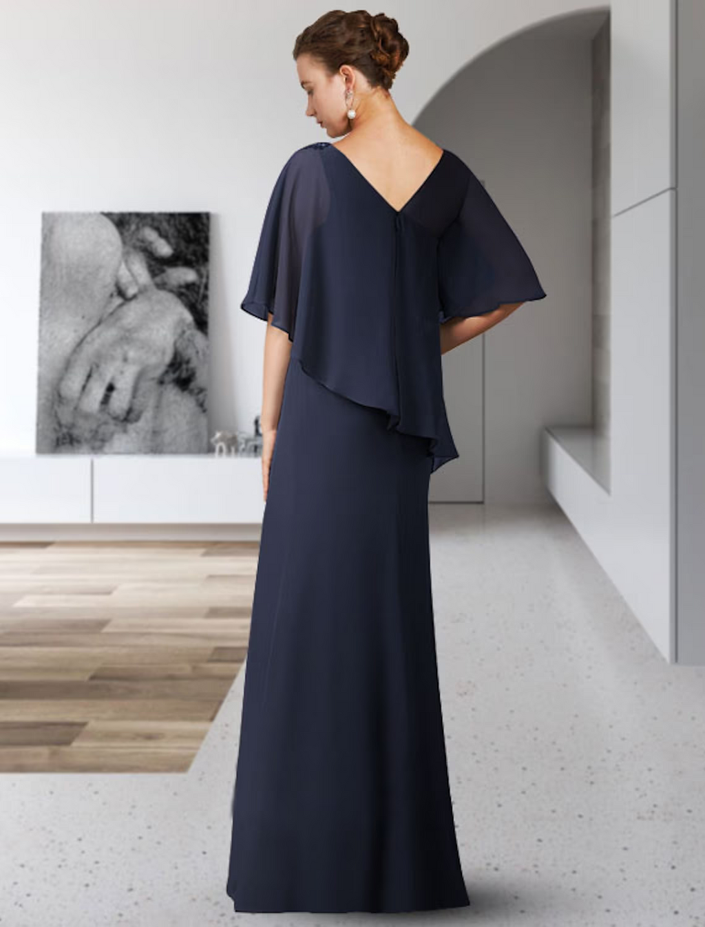 Mother of the Bride Dress Elegant V Neck Floor Length Half Sleeve with Ruffles