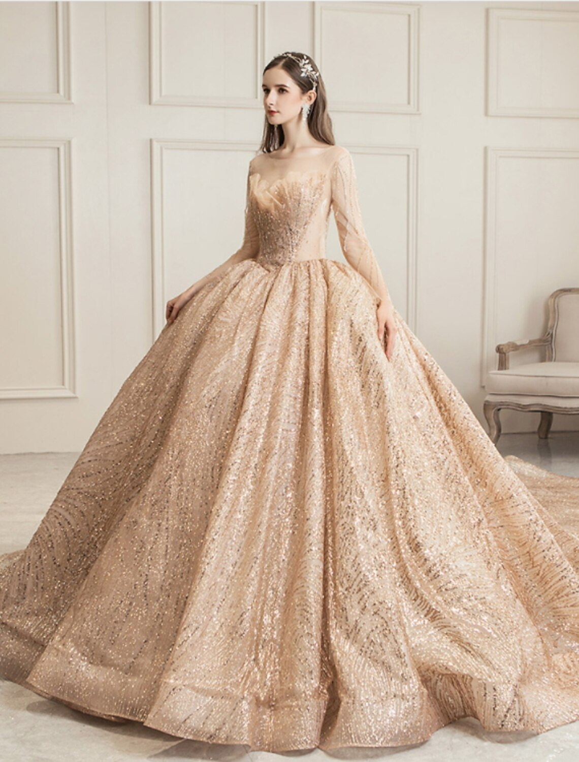 Engagement Wedding Dresses in Color Formal Wedding Dresses Chapel Train Princess Long Sleeve Jewel Neck With Ruched