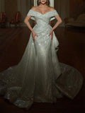 Silver Off Shoulder Prom Dress Mermaid Silhouette Draped Ruffles