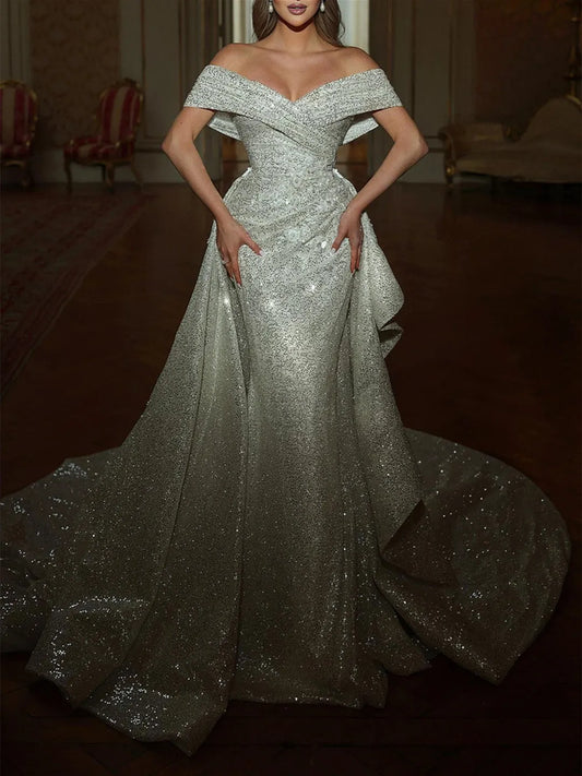 Elegant Silver Ruffled Mermaid Classic-Neck Classic-Sleeve Classic-Back Floor-Length Prom Dress