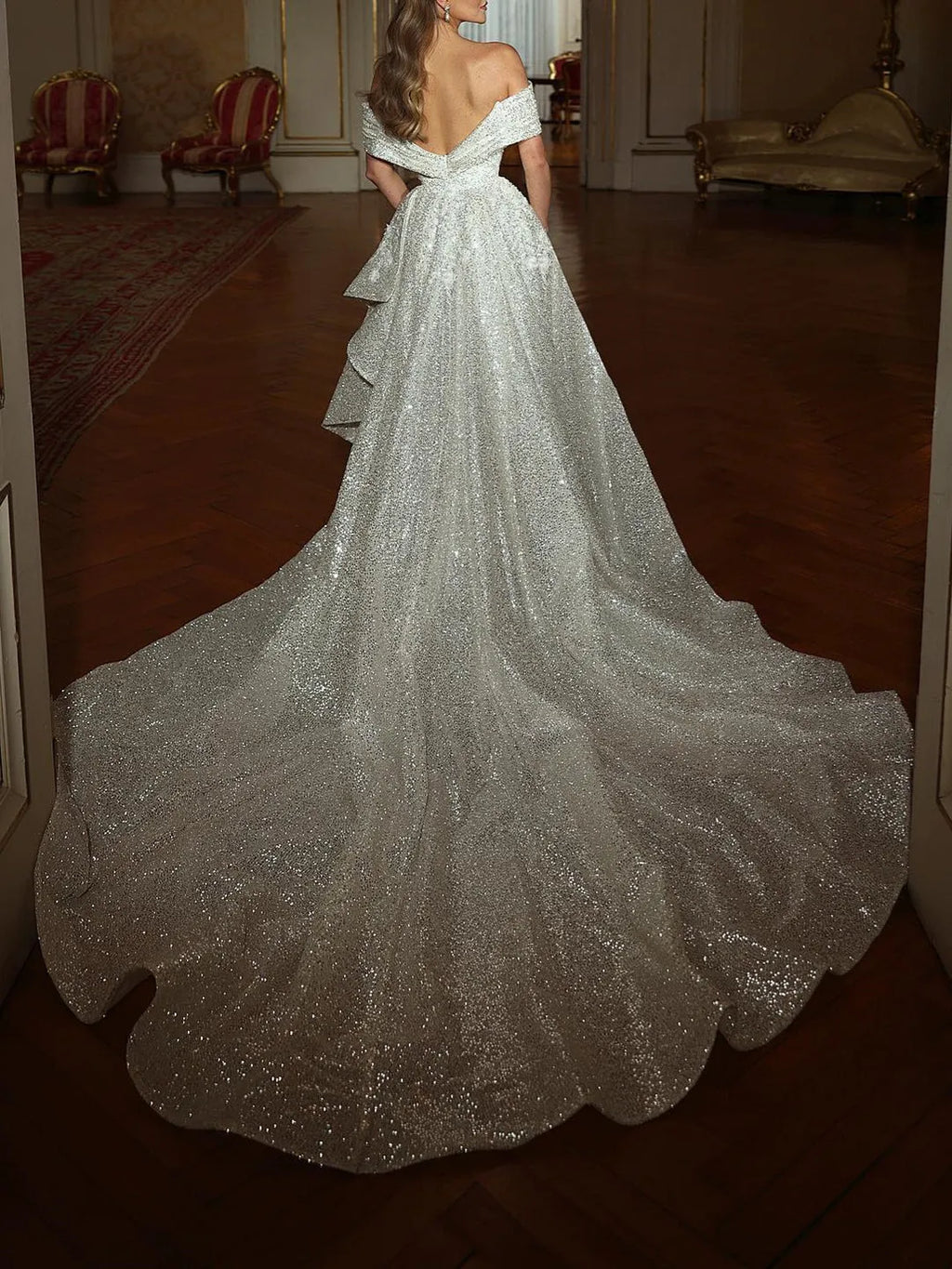 Silver Off Shoulder Prom Dress Mermaid Silhouette Draped Ruffles