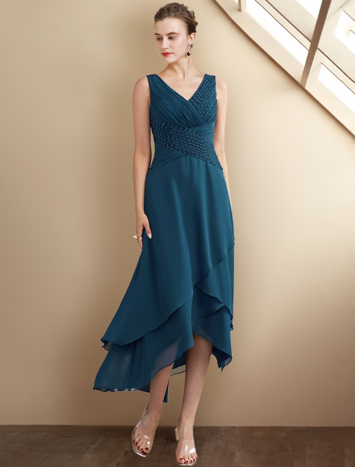 Mother of the Bride Dress Elegant High Low V Neck Asymmetrical Sleeveless Wrap Included with Beading Cascading Ruffles Side-Draped