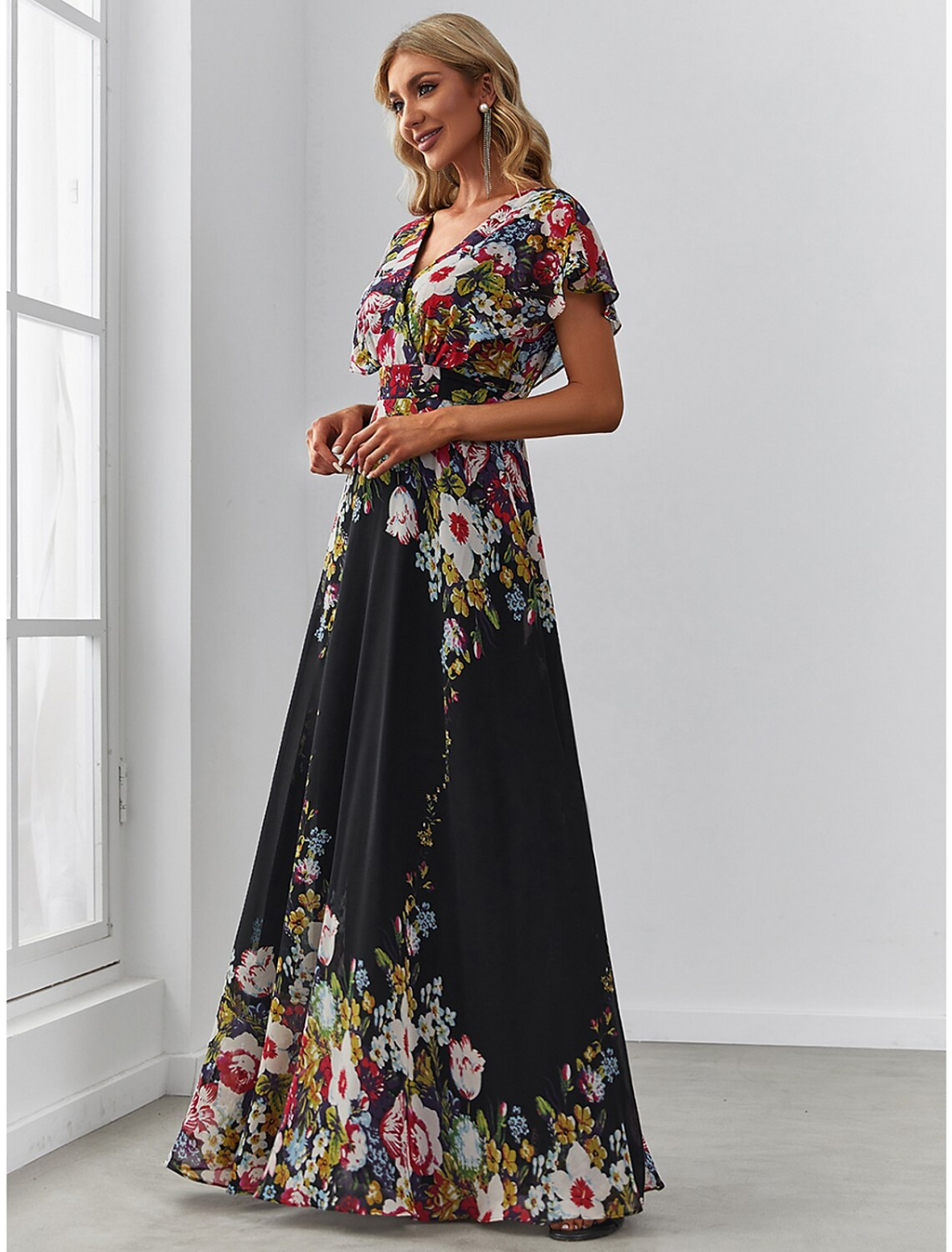 Evening Gown Elegant Dress Birthday Floor Length Short Sleeve V Neck with Pattern