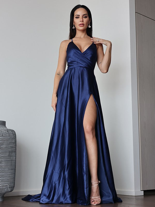 A-Line/Princess Like Ruched V-neck Sleeveless Sweep/Brush Train Dresses