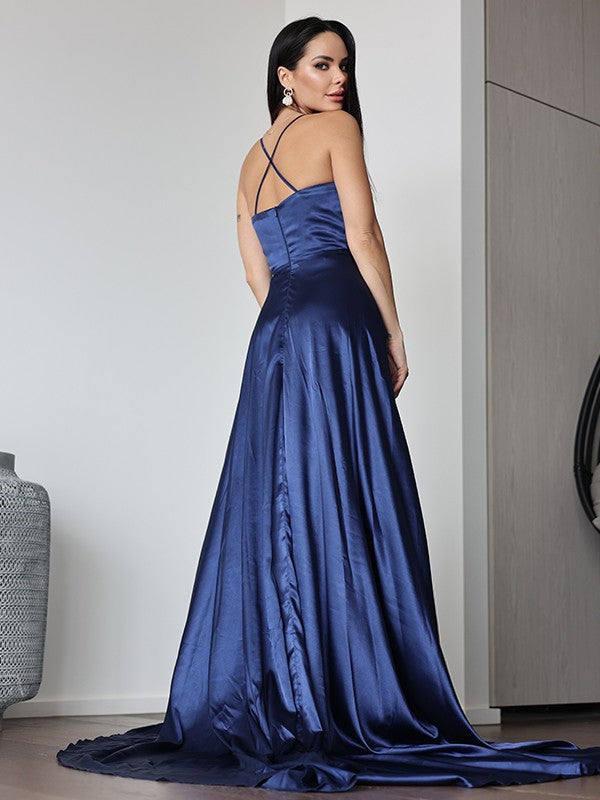 A-Line/Princess Like Ruched V-neck Sleeveless Sweep/Brush Train Dresses