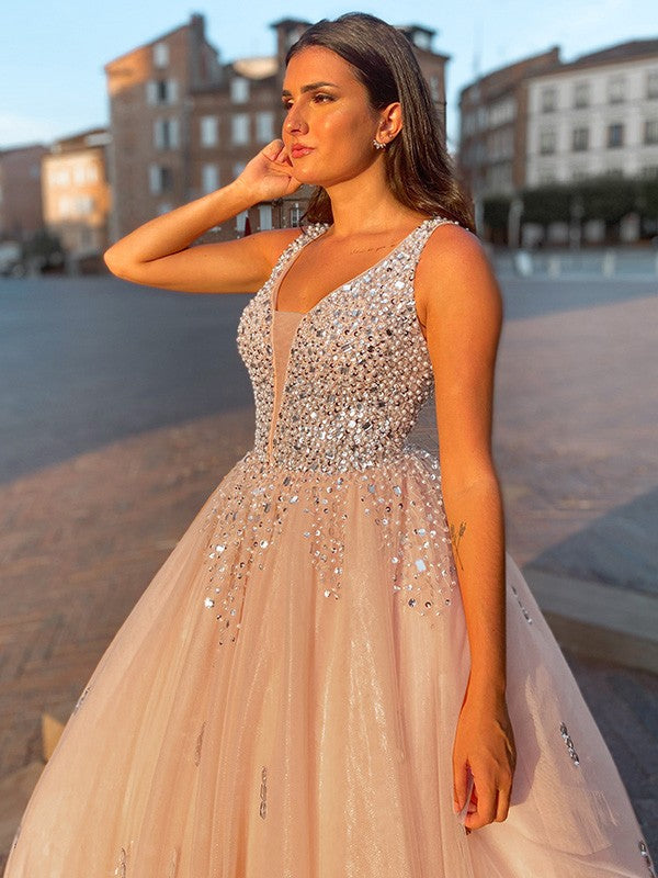 Ball Gown V-neck Beading Sleeveless Floor-Length Dresses