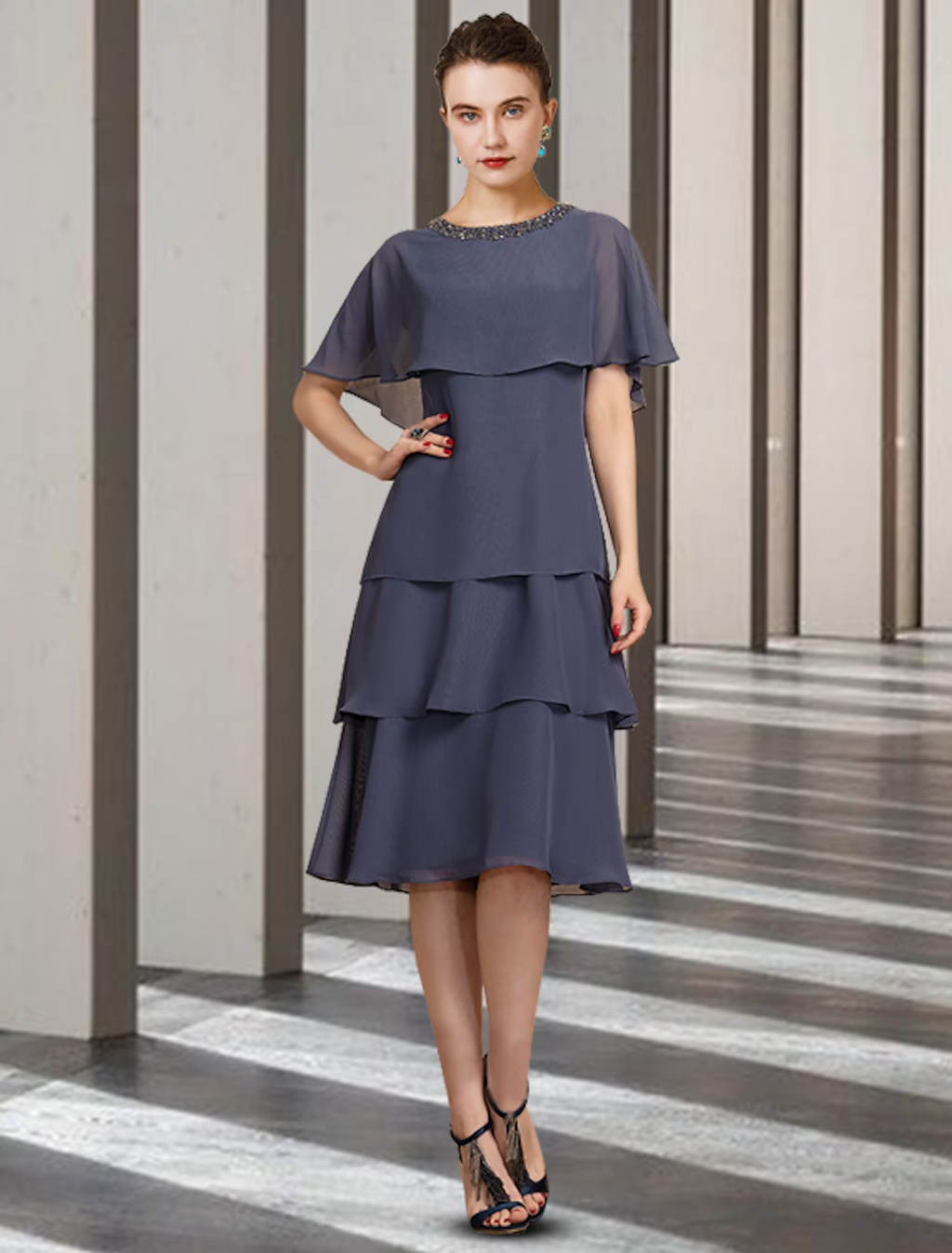 Mother of the Bride Dress Elegant Jewel Neck Knee Length Short Sleeve with Beading Ruffles