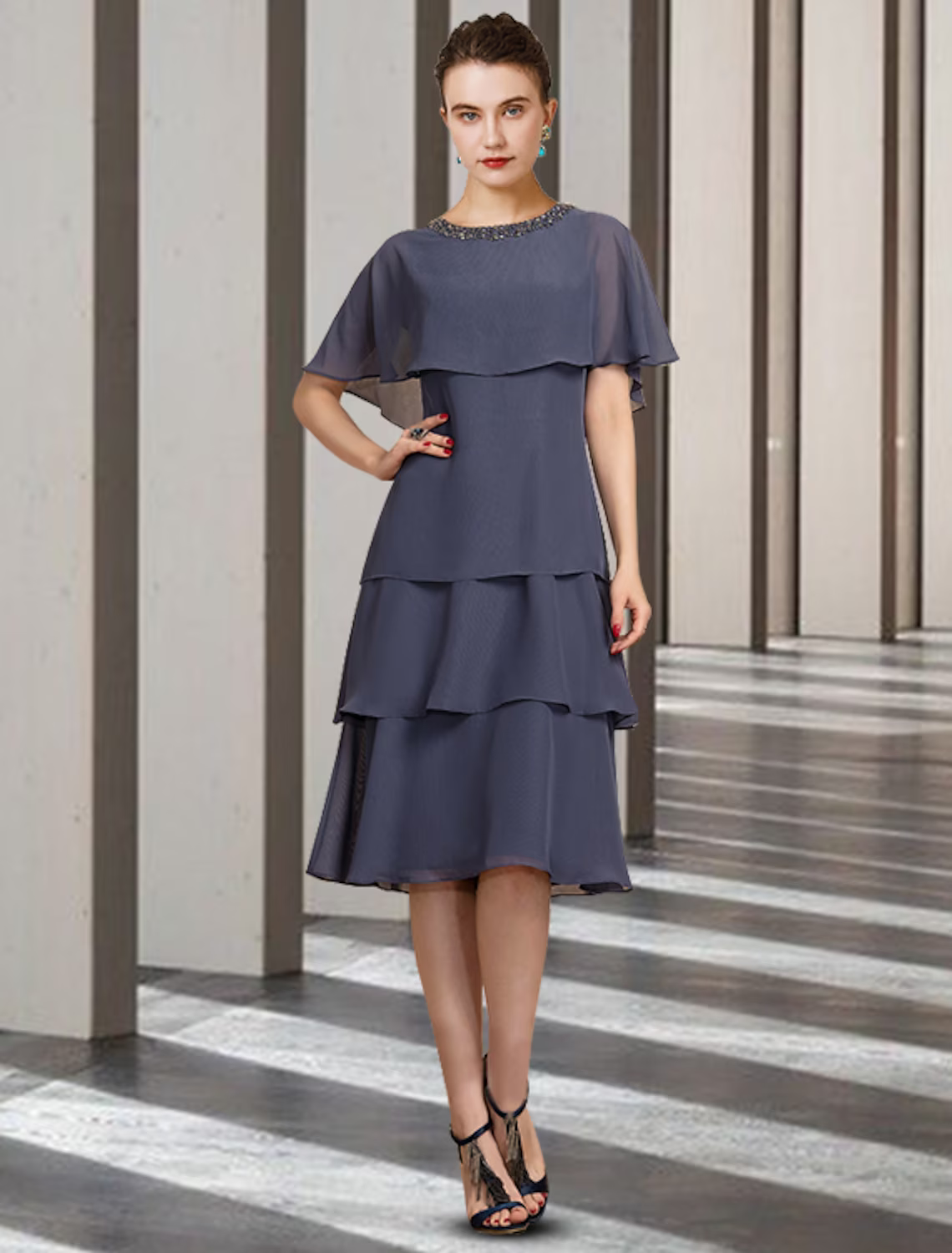Mother of the Bride Dress Elegant Jewel Neck Knee Length Short Sleeve with Beading Ruffles