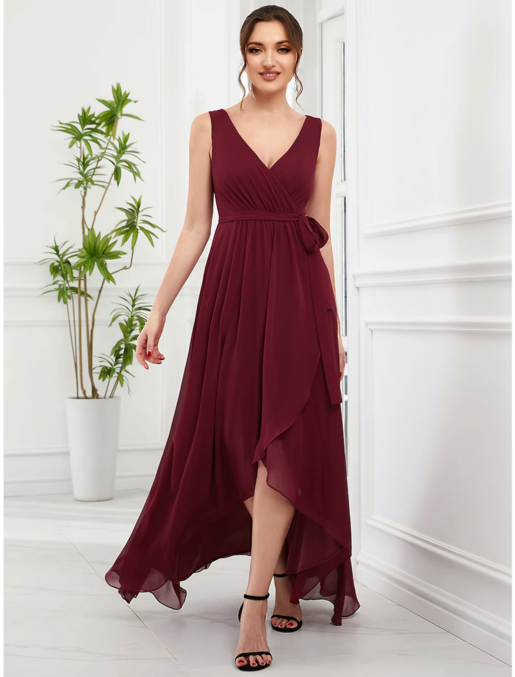 Wedding Guest Dresses Elegant Dress Party Wear Asymmetrical Sleeveless V Neck with Ruffles Strappy