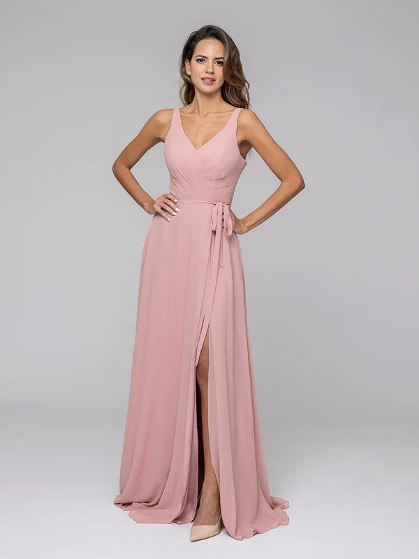 Straps Long Bridesmaid Dresses With Side Slit
