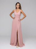 Straps Long Bridesmaid Dresses With Side Slit
