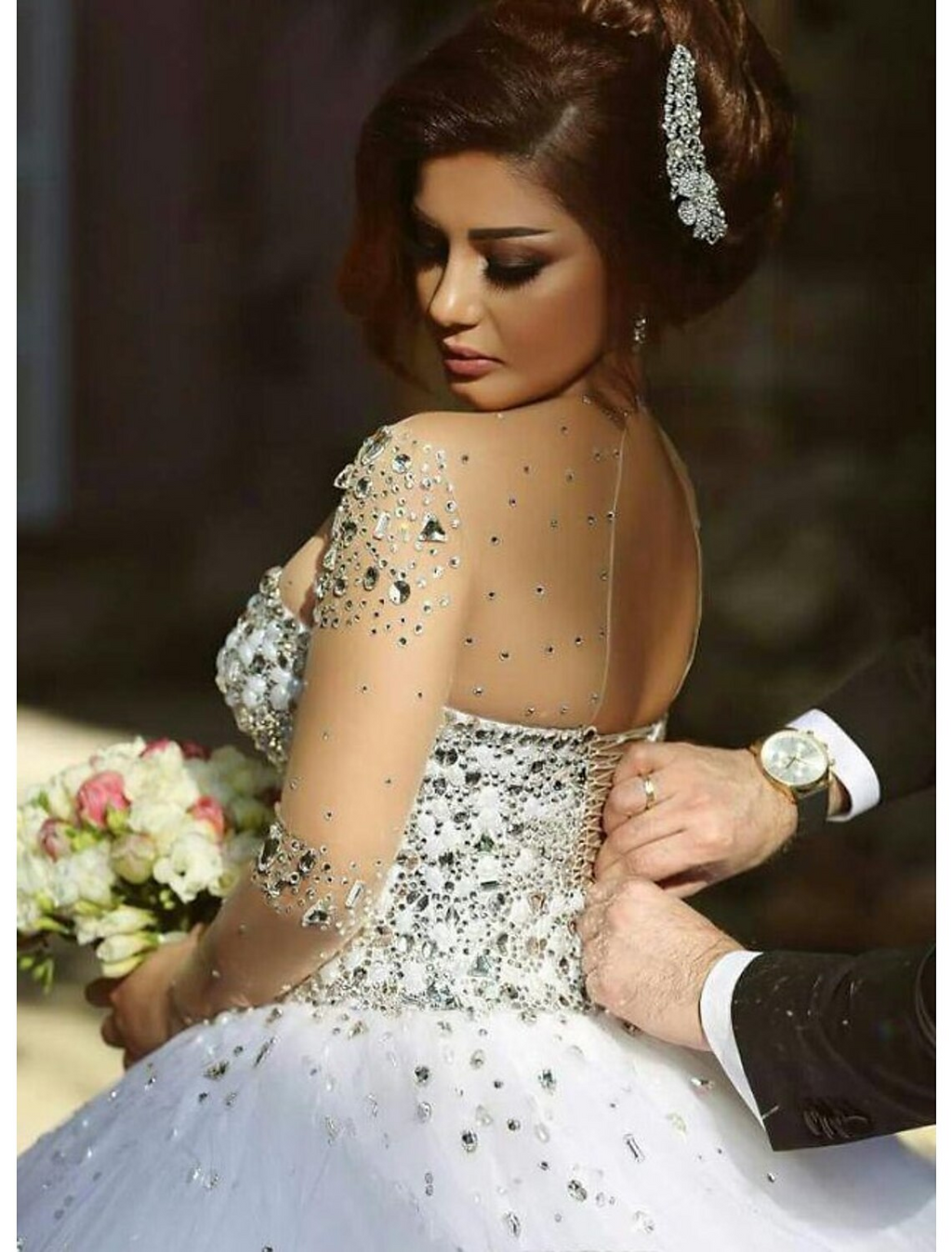 Engagement Formal Wedding Dresses Court Ball Gown Long Sleeve Jewel Neck With Crystals Beading