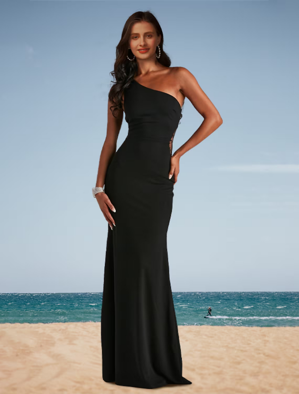 Floral Dress Wedding Party Floor Length Sleeveless One Shoulder Spandex with Appliques
