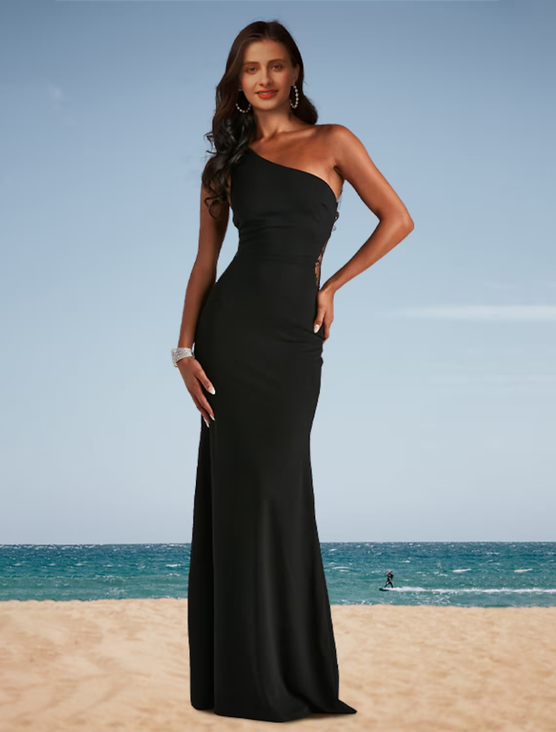 Floral Dress Wedding Party Floor Length Sleeveless One Shoulder Spandex with Appliques