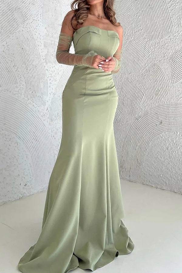 Sage Green Strapless Folded Bust Mermaid Train Evening Dress