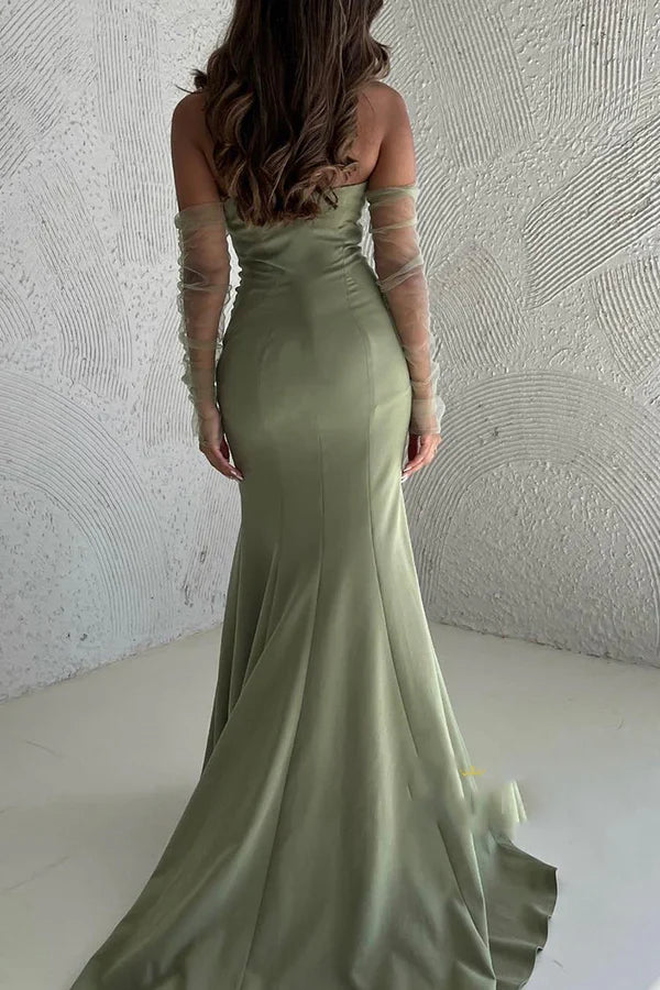 Sage Green Strapless Folded Bust Mermaid Train Evening Dress