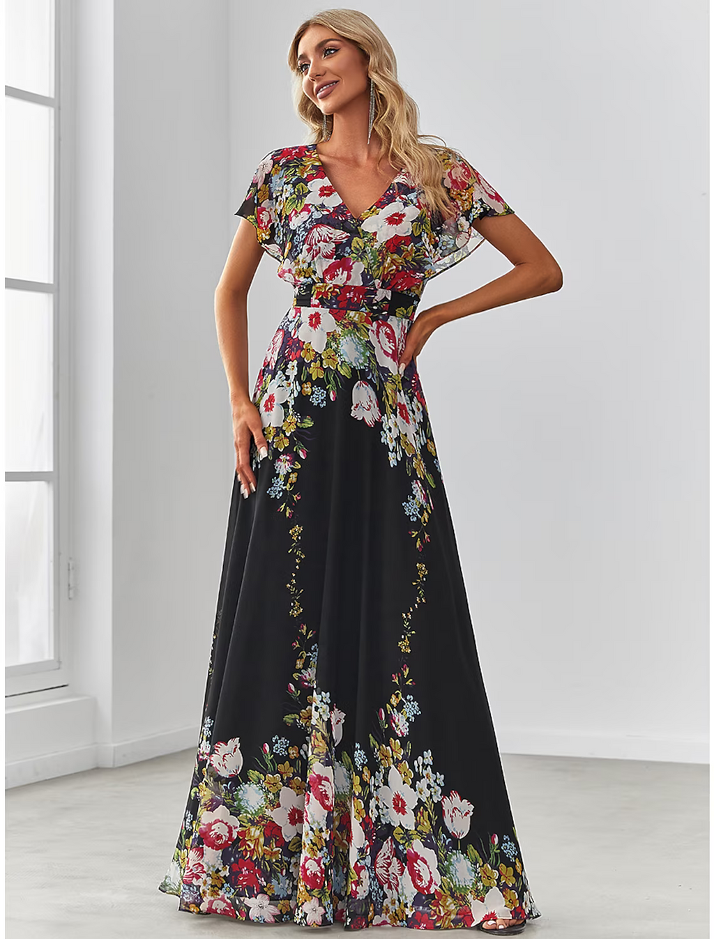 Evening Gown Elegant Dress Birthday Floor Length Short Sleeve V Neck with Pattern