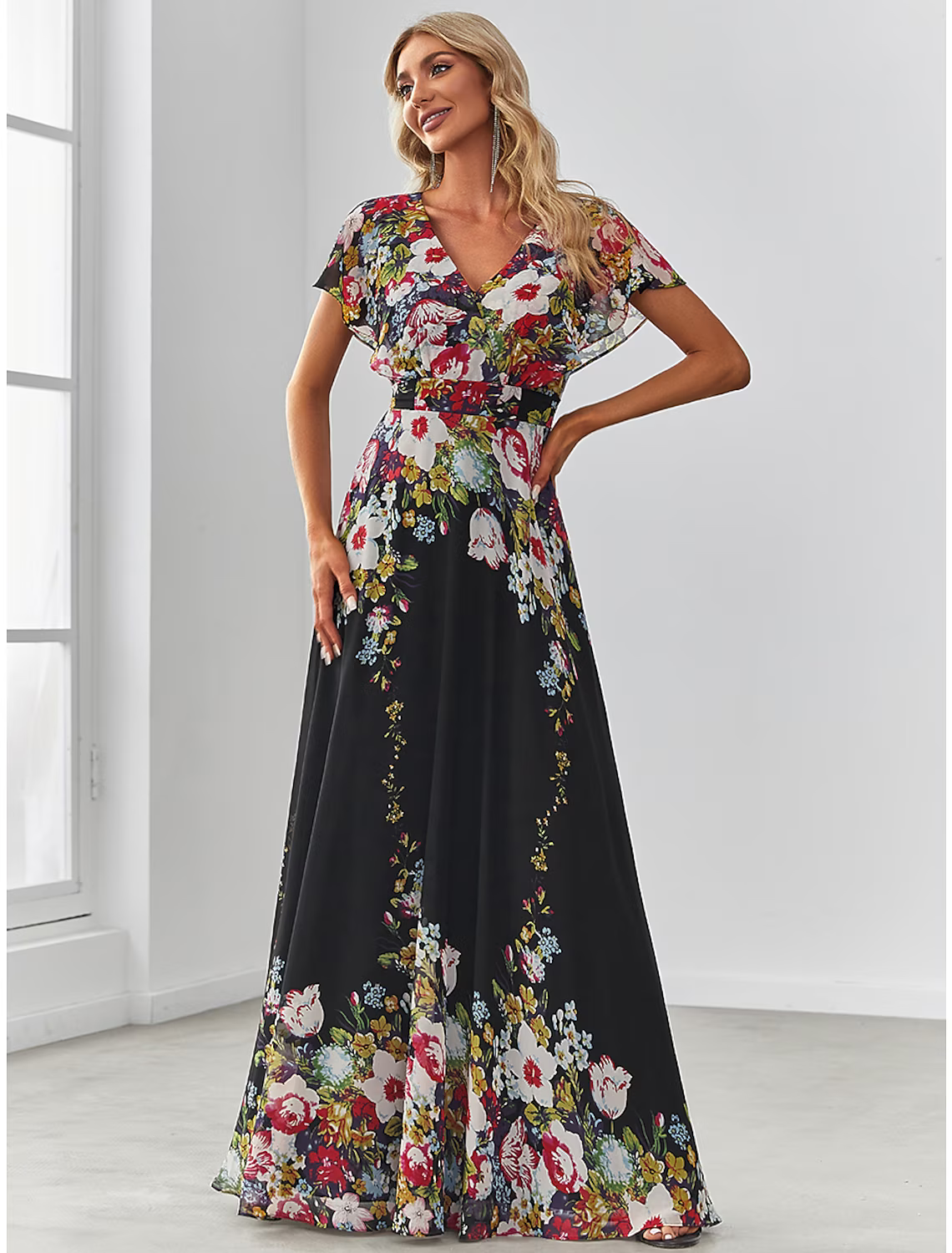 Evening Gown Elegant Dress Birthday Floor Length Short Sleeve V Neck with Pattern