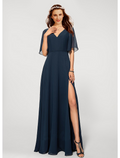 Evening Gown Dress Wedding Guest Floor Length Half Sleeve V Neck V Back with Sleek Slit