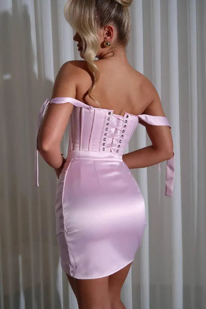 Satin Bodycon Mini Sweetheart Off Shoulder Lace Up Back Party Dress